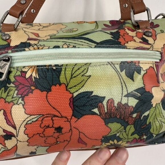 SAKROOTS Floral Flower Power Peace Small Satchel Tote Coated Canvas Bag green - Picture 2 of 12